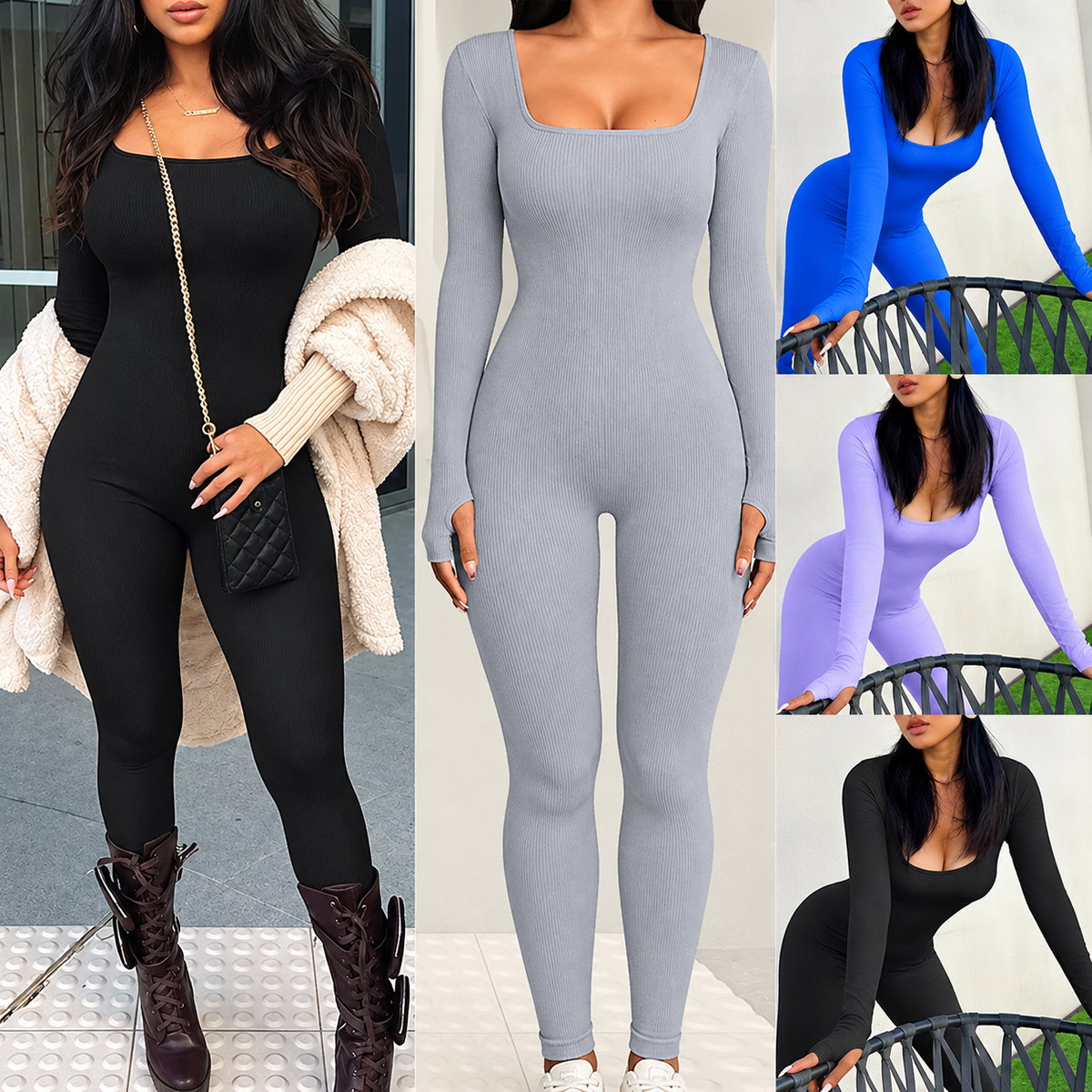 Threaded Square Collar Buttocks Slim Jumpsuit