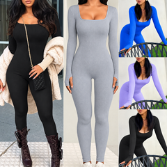 Threaded Square Collar Buttocks Slim Jumpsuit